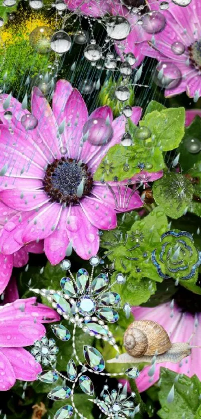 Vibrant pink daisies and green leaves with raindrops and a snail.