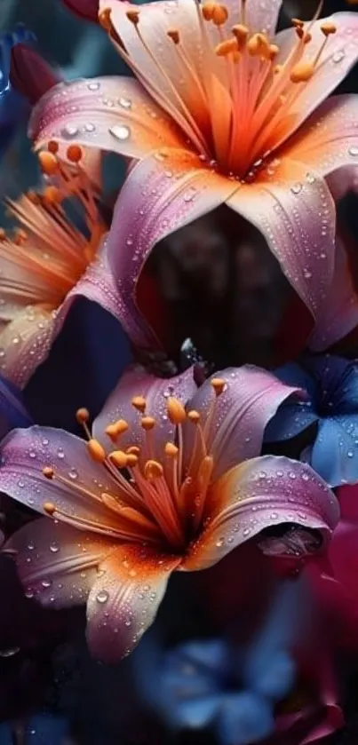 Vibrant floral wallpaper with pink lilies and dewdrops.