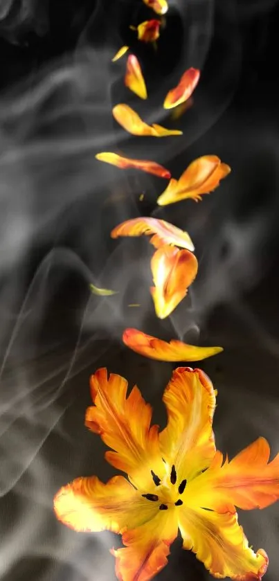 Orange flower petals with smoke on a dark background, creating an artistic design.