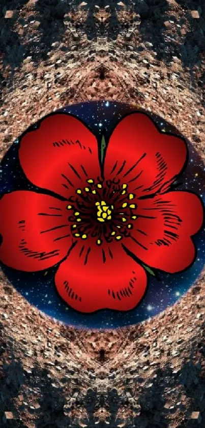 Vibrant red flower with cosmic background.