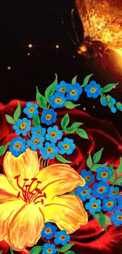 Vibrant artwork of flowers against a cosmic space background.