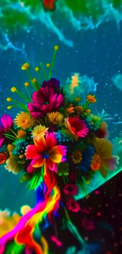 Vibrant floral arrangement with cosmic background wallpaper.