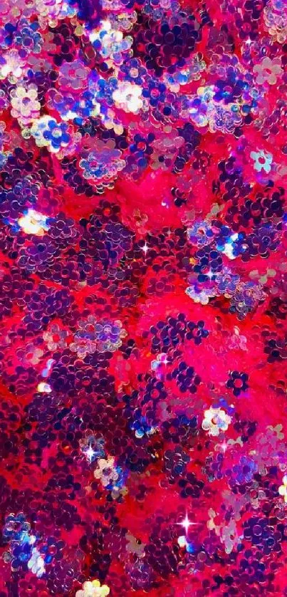 Vibrant pink and purple floral sparkle wallpaper with sequin shimmer.