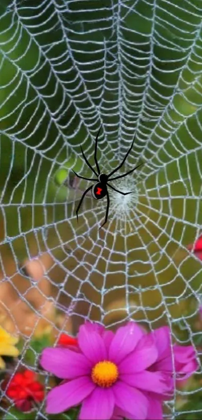 Mobile wallpaper featuring spider web with vibrant flowers and black spider.