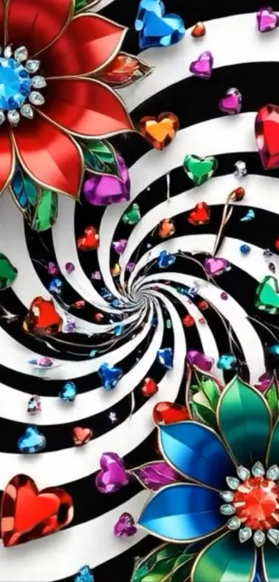 Vibrant floral spiral wallpaper with colorful gems.