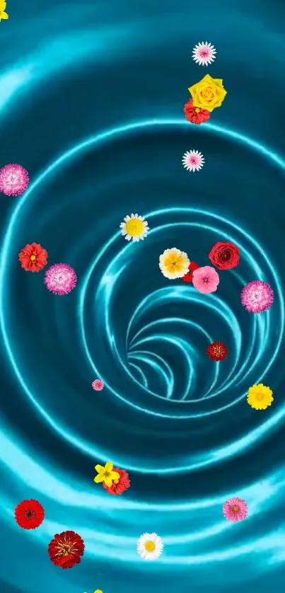 Vibrant floral spiral with colorful flowers on deep blue background.