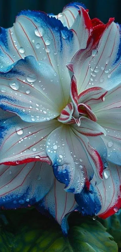 Colorful flower with red and blue petals, decorated with dew drops.