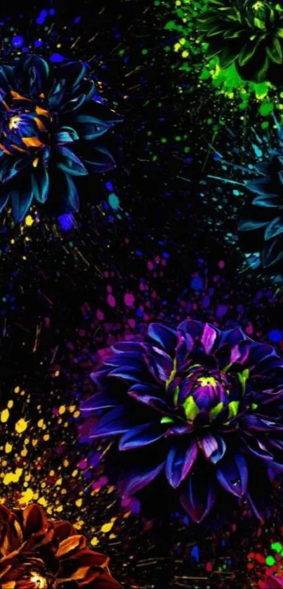 Vibrant flowers splashed on dark wallpaper.