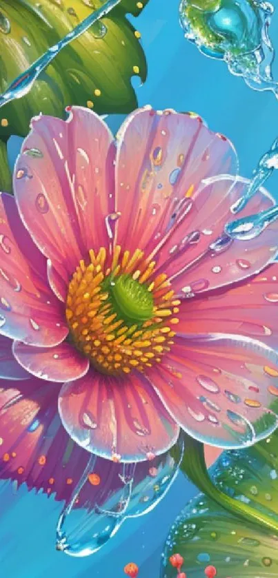 Vibrant pink flower with water droplets on blue background.