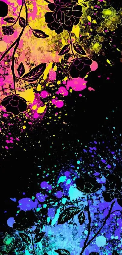 Vibrant floral splash wallpaper with colorful splashes on a dark background.