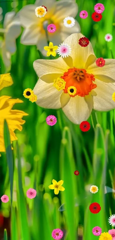 Vibrant spring floral wallpaper with lush green background.