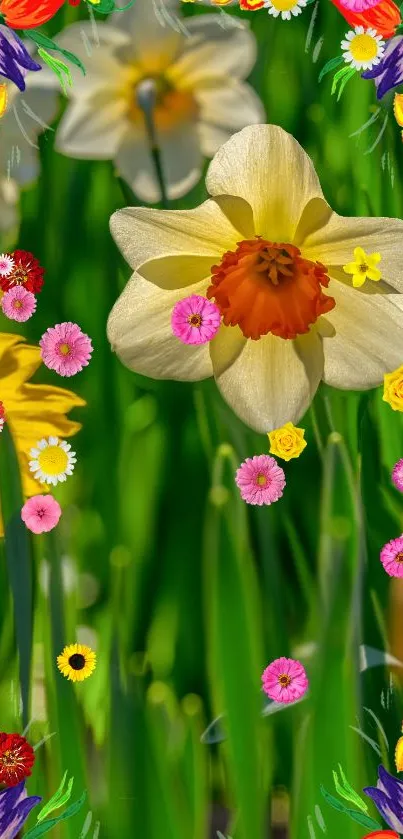 Vibrant daffodils and colorful flowers against a lush green background.