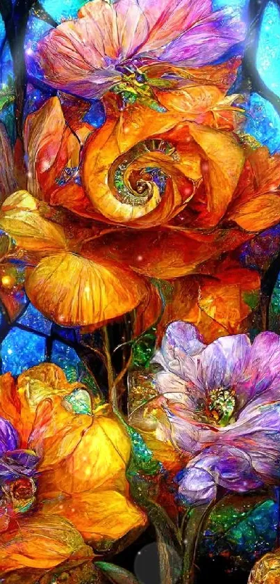 Vibrant floral stained glass art with blue and orange hues.