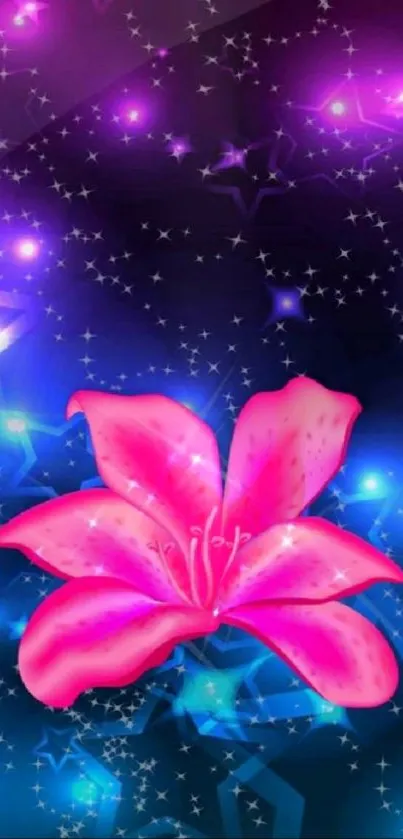 Pink flower on a starry, vibrant night sky wallpaper.