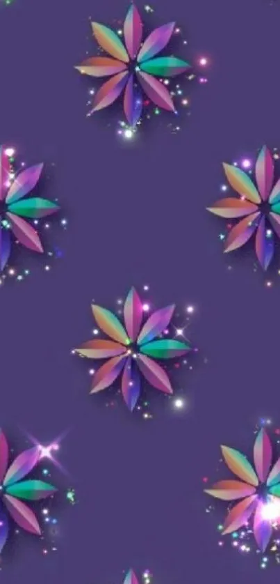 Vibrant floral pattern with stars on purple background wallpaper.