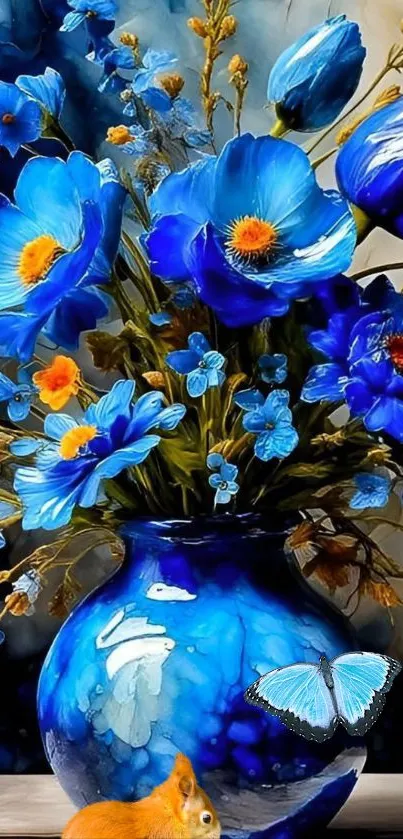 Blue floral arrangement in a vase with a butterfly.