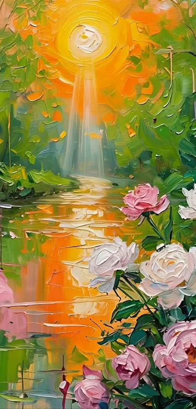 Colorful floral stream painting with sunlit background.