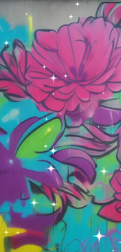 Colorful graffiti with pink floral designs on a wall.