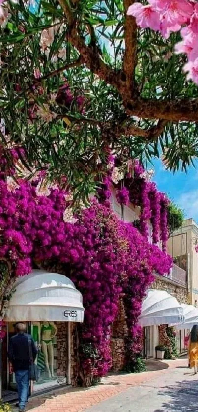 Vibrant street with lush purple flowers and charming storefronts.