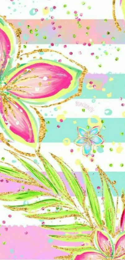 Vibrant floral stripe wallpaper with tropical pink and aqua design.