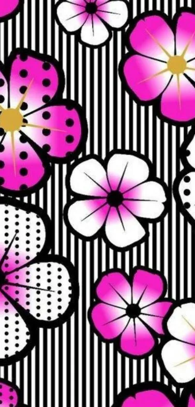 Vibrant pink and white floral striped mobile wallpaper.