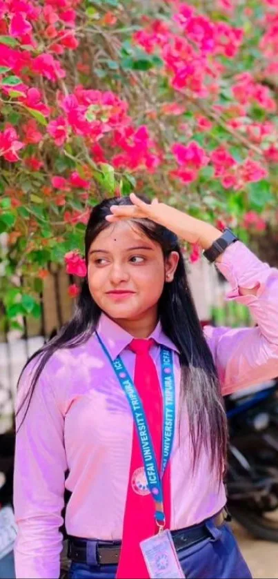 Student in pink shirt with floral background.