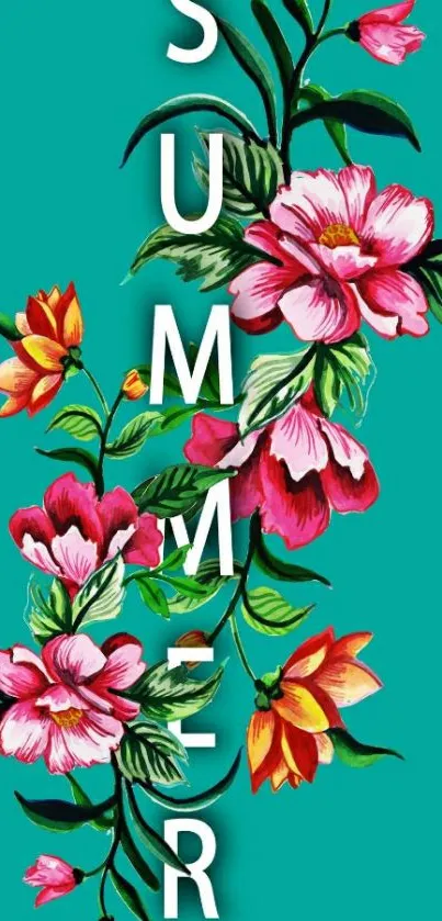 Vibrant summer floral wallpaper with teal background.