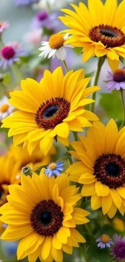 Vibrant sunflower and daisies wallpaper with colorful blooms.