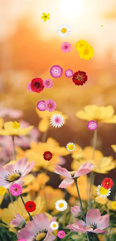 Colorful flowers under a warm sunrise sky.