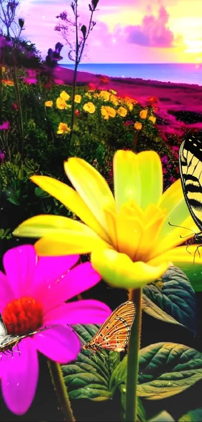 Colorful flowers and butterflies at sunset on a beach.