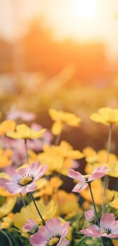 A sunlit field of vibrant wildflowers in bloom at sunset.