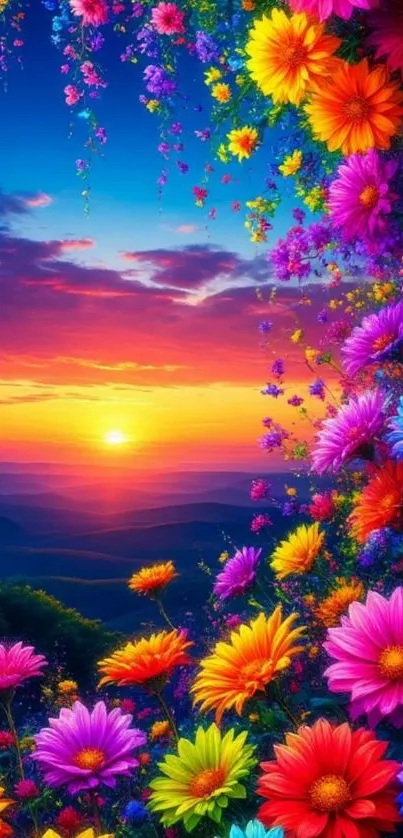 Vibrant floral sunset with colorful flowers and a stunning sky.