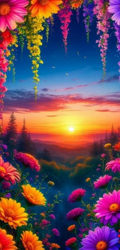 Vibrant floral landscape with sunset in background.