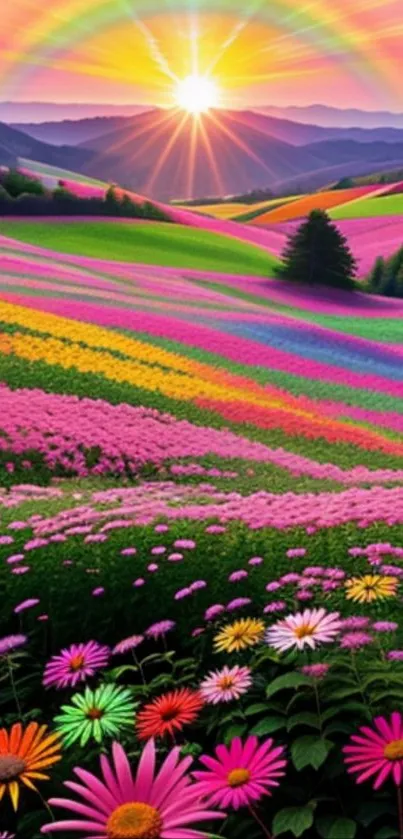 Vibrant pink floral landscape during sunset.