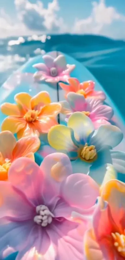 Colorful flowers on a surfboard by the sea.