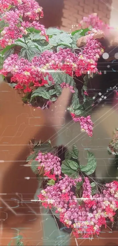 Pink flowers with digital tech design on wallpaper.