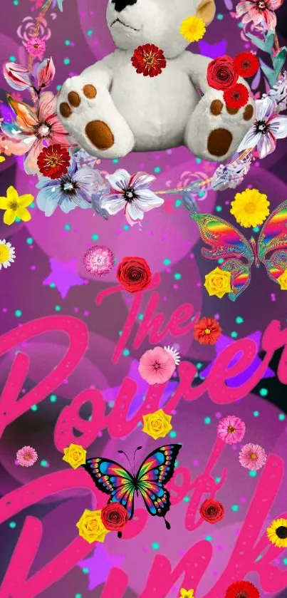 Colorful teddy bear wallpaper with flowers and butterflies on pink background.