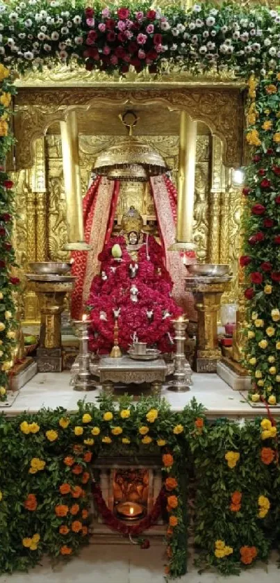 Colorful temple with floral decor and golden theme.