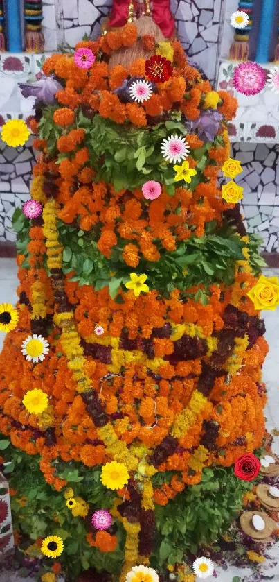 Colorful floral temple decor with marigolds.