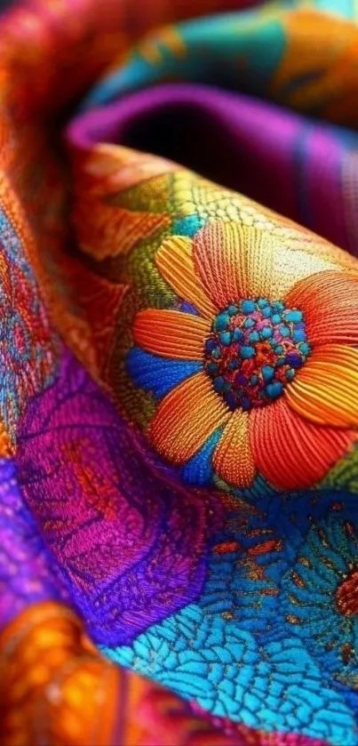 Vibrant colorful textile with floral design.