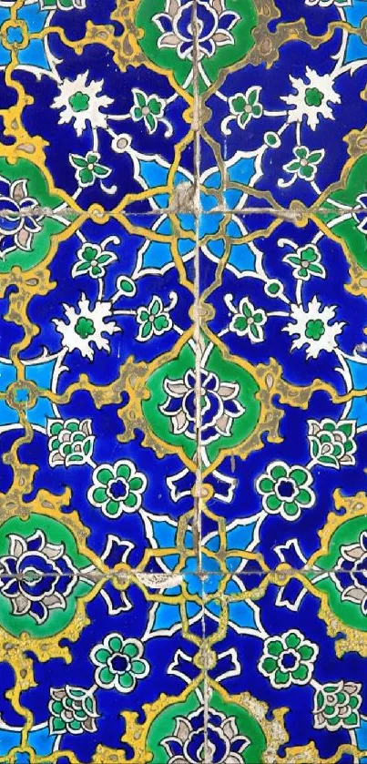 Vibrant blue and green floral tile wallpaper.