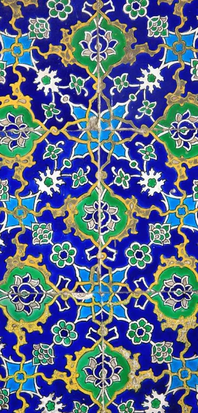 Vibrant blue and green floral tile design wallpaper.