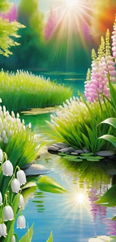 Vibrant lake view with colorful flowers and sunlight