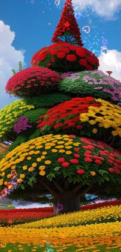 Vibrant tree with colorful flowers under a blue sky.