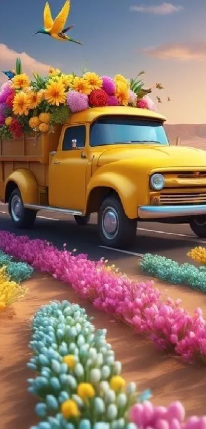 Yellow truck with flowers in desert landscape wallpaper.