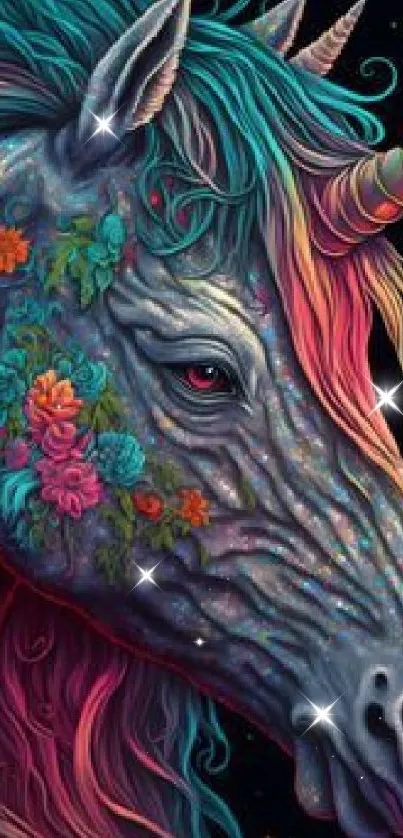 Colorful unicorn art with floral details on black background.