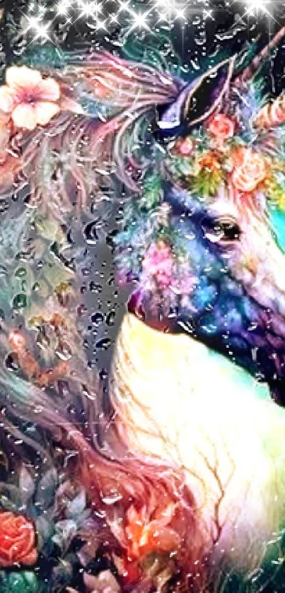 Colorful unicorn with floral mane in fantasy art style.