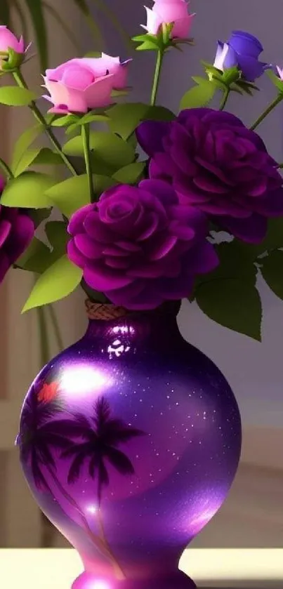 Purple floral vase with roses wallpaper.