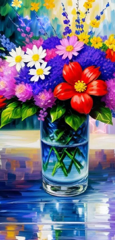 A vibrant painting of a floral vase with colorful, blooming flowers.