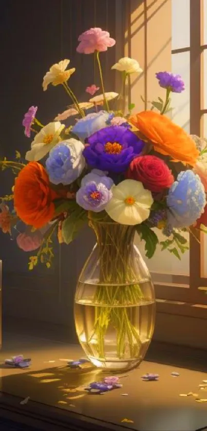 Vibrant bouquet of flowers in a vase with sunlight.